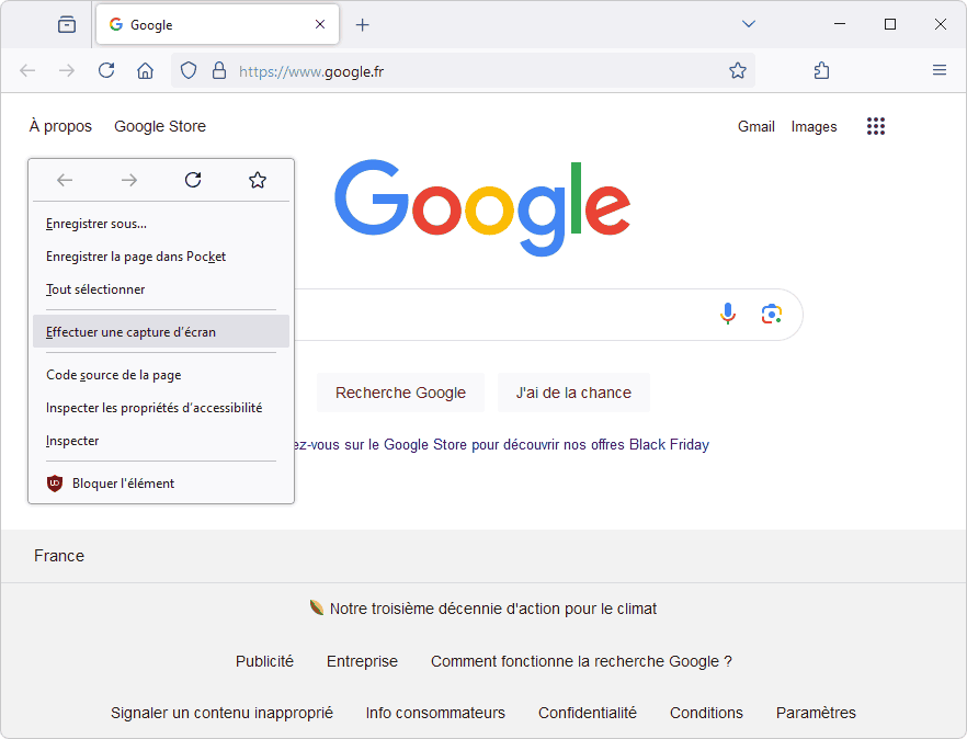 Firefox, clic droit Capture d'écran