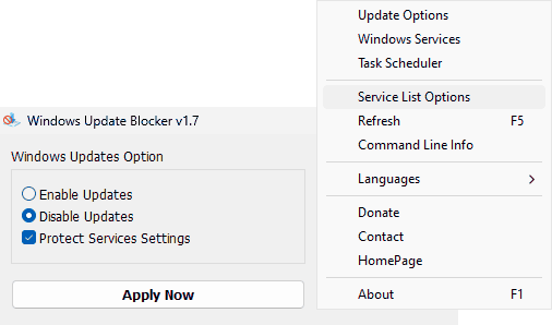 Interface de Windows Update Blocker